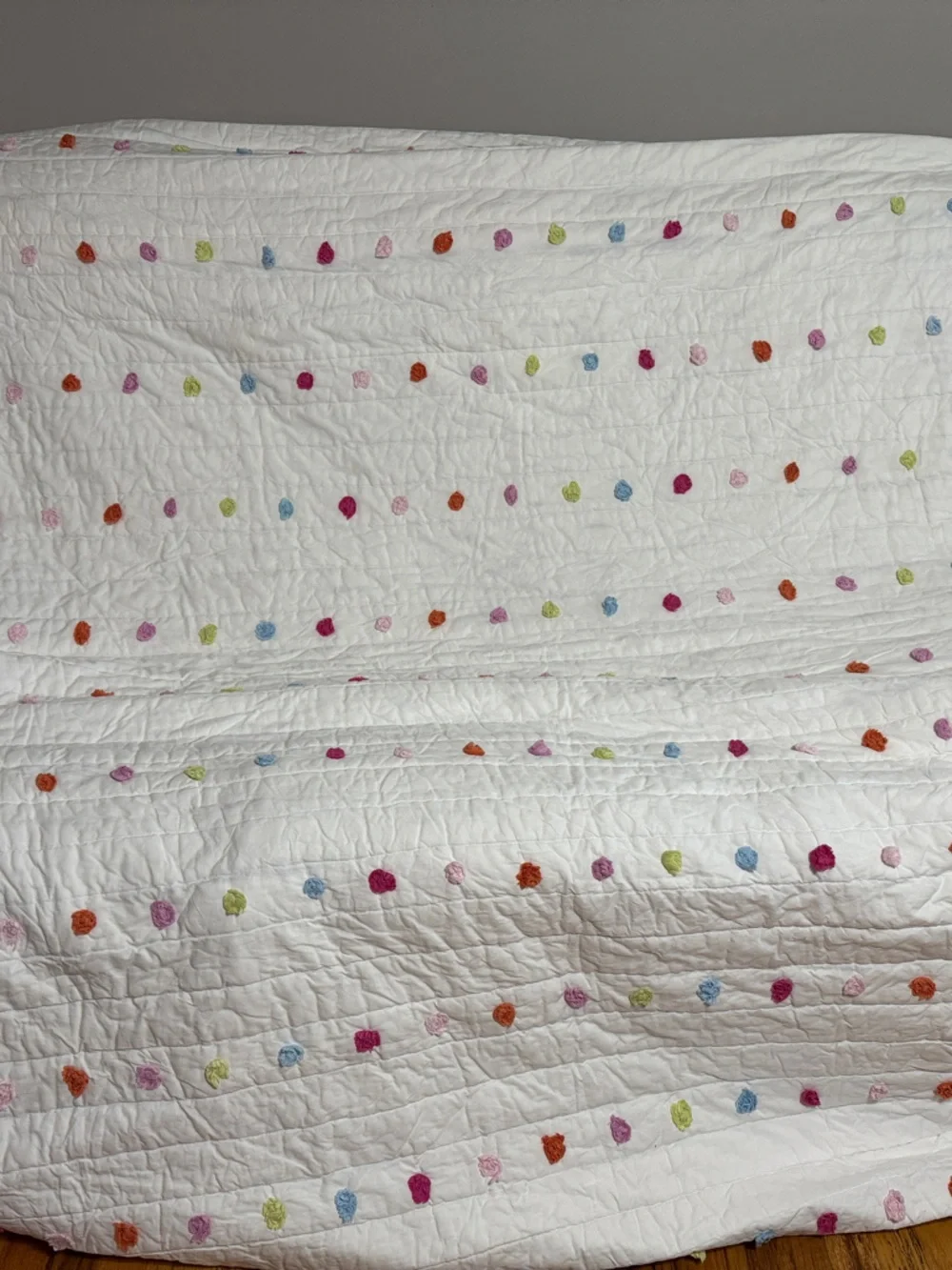 Pottery Barn Kids White Quilted Throw with Multicolor Dot Embroidery